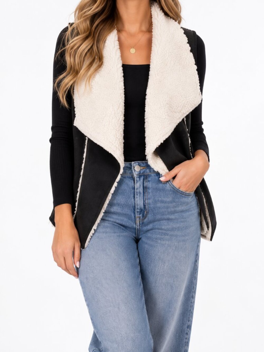 Lincoln Outfitters Sherpa Draped Vest Black Cream One Size NWT